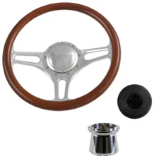CJ Classic Trucks Steering Wheel Kit Walnut Half Wrapped 14” 9-Bolt 3-Spoke P...