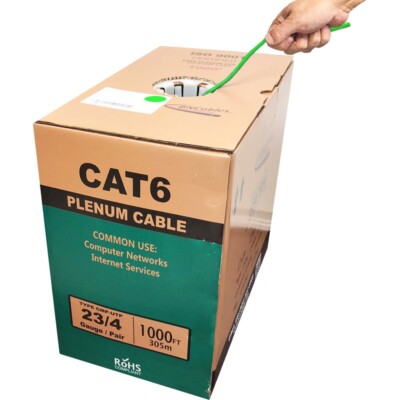 BN Cables Bulk Cat6 1000ft  Solid Plenum CMP Rated 550 Mhz 23 Awg Cable Green