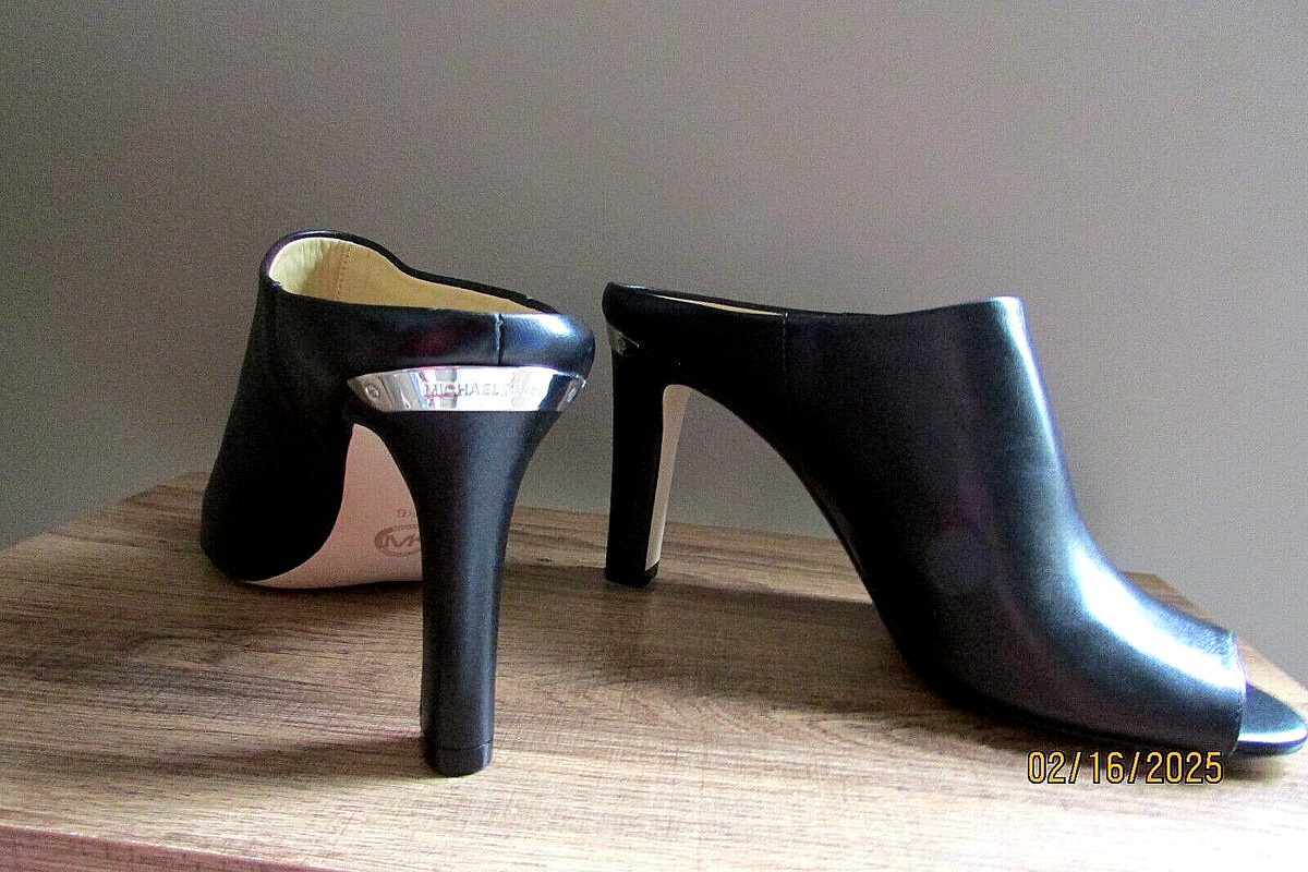 MICHAEL KORS SHAW MULE トフィー 6M Michael Kors black leather Shaw Mule high block heel open toe