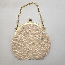 Vintage Faux Pearl White Purse w/ Metal Closure  Diamond Pattern  Hong Kong