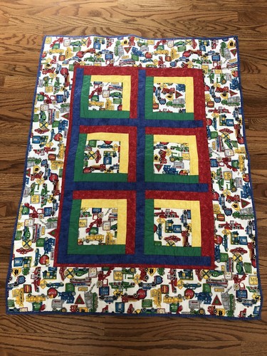 Kids Crib Quilt Patchwork Cars, Trucks, Construction Handmade In USA 36x48”