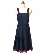 J Crew Embroidered Tiered Poplin Midi Dress Scalloped Hem Navy Pink Women’s Sz 4