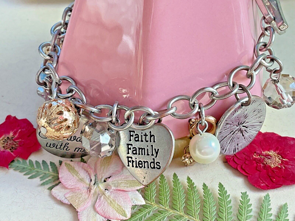 Vintage Charm Bracelet Faith Religious Christian Love Cross View 2