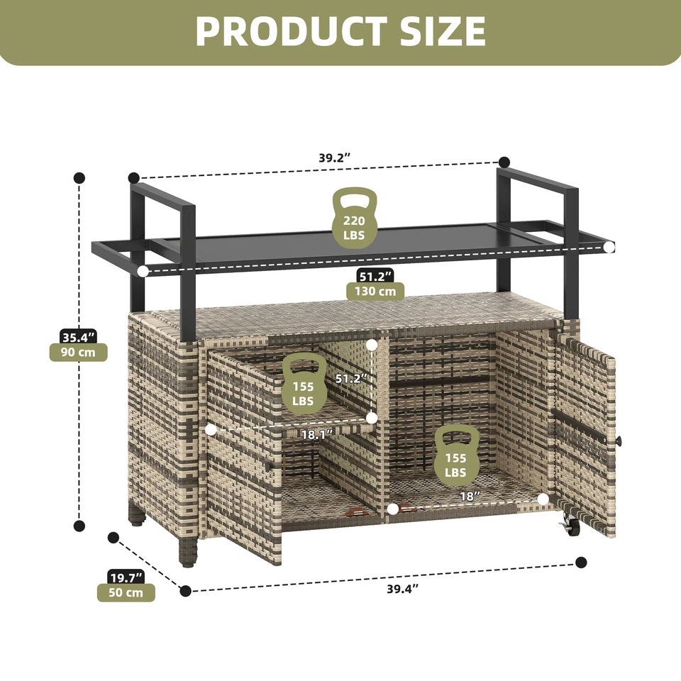 Outdoor Portable Rattan Wicker Storage Bar Cabinet Glass Tabletop w/ Wheels - Image 2 of 4