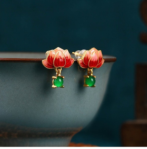 Alternate view of Jade Dangle Earrings Boho Lotus Flower Dainty Gemstone 18k Gold Plated
