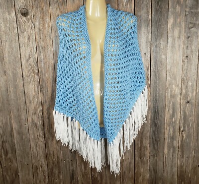 NEW Light Blue Eyelet Hand Knitted Shawl Wrap Scarf Knit Boho Hippie Fringe 