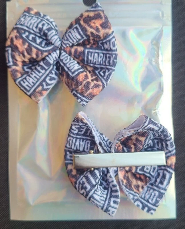 Handmade Leopard Print Harley Davidson Pigtail Bullet Fabric Bows
