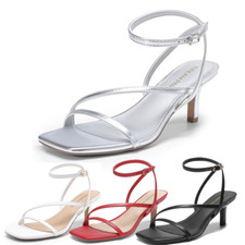 Women Ankle Strap Square Open Toe Low Kitten Heel Wedding Party Heel Sandals