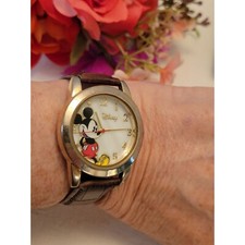 Vntg Disney Mickey Mouse Accutime Watch Brown Leather Strap Gold-Tone Stainless