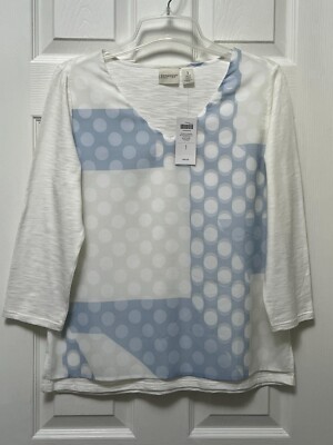 NWT Chico's Zenergy Size 1 M 8-10 Blue White Dot Pattern Overlay 3/4 Slv Top $69