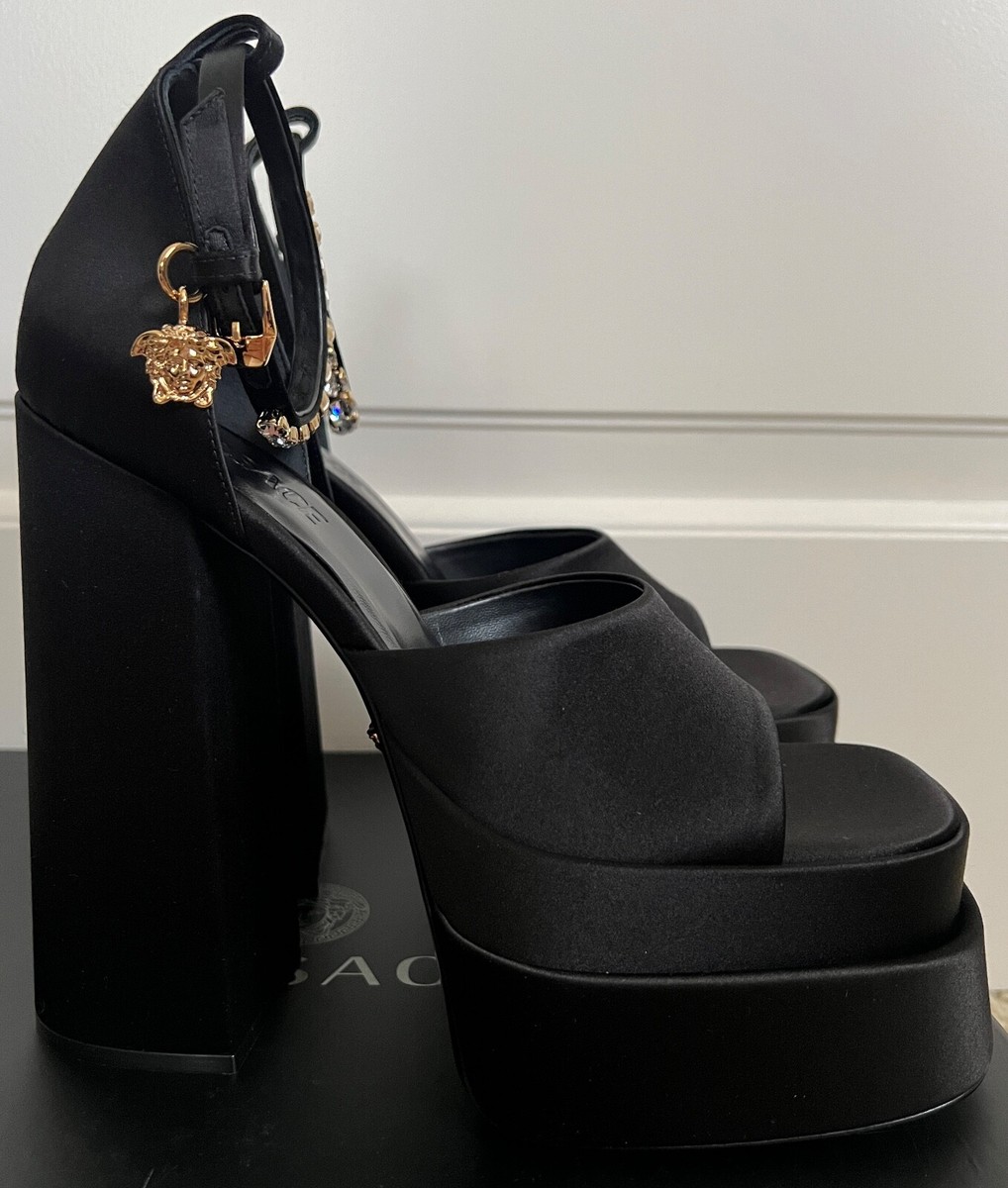 NIB Versace Medusa Aevitas Black Satin Crystal Platform
