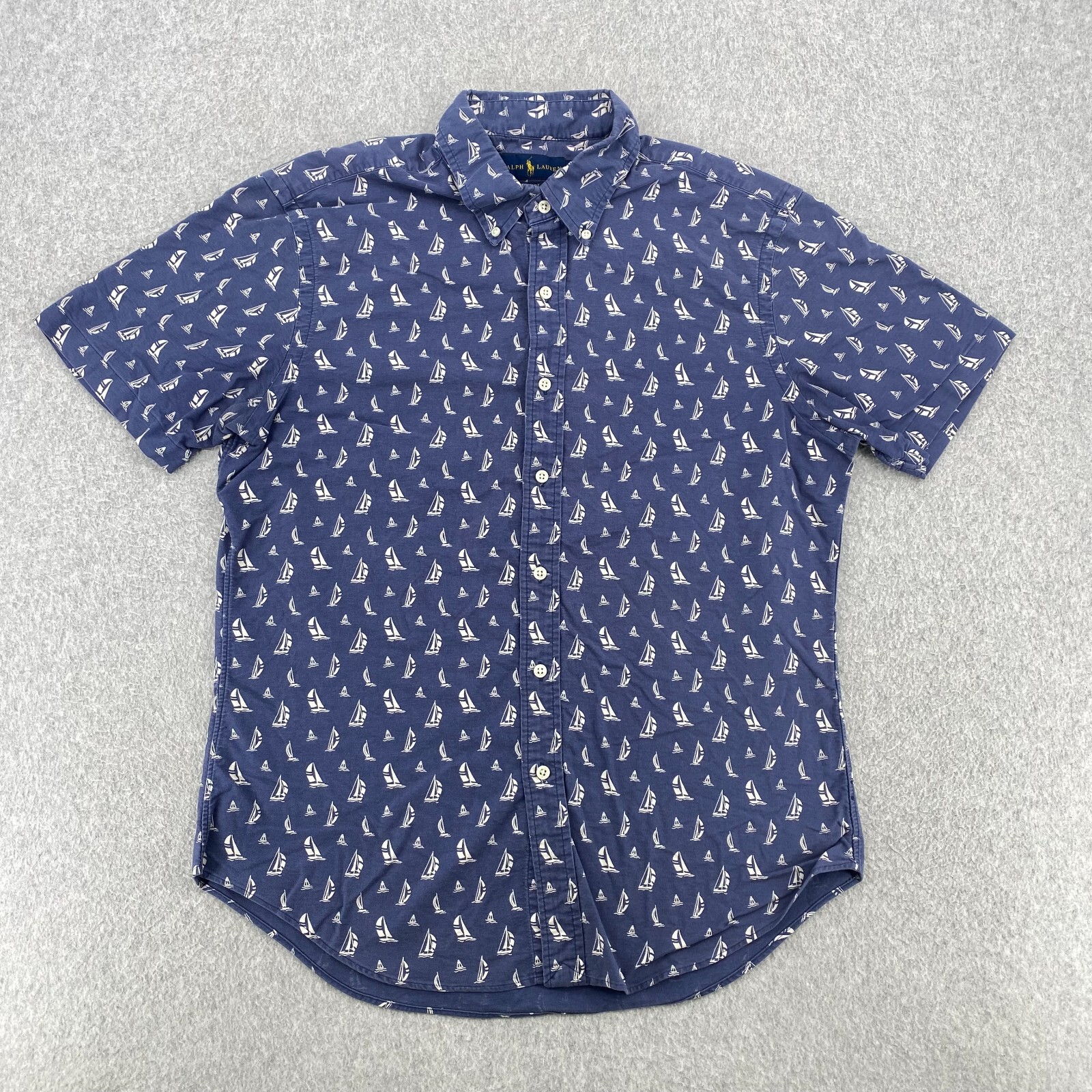 Polo Ralph Lauren Shirt Men's Large Navy Blue Slim Fit Sail Print Short Sleeve