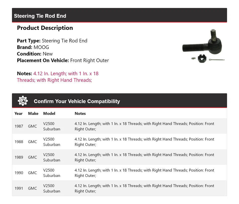 For 1987-1991 GMC V2500 Suburban Steering Tie Rod End Front Right Outer MOOG - Image 2 of 4