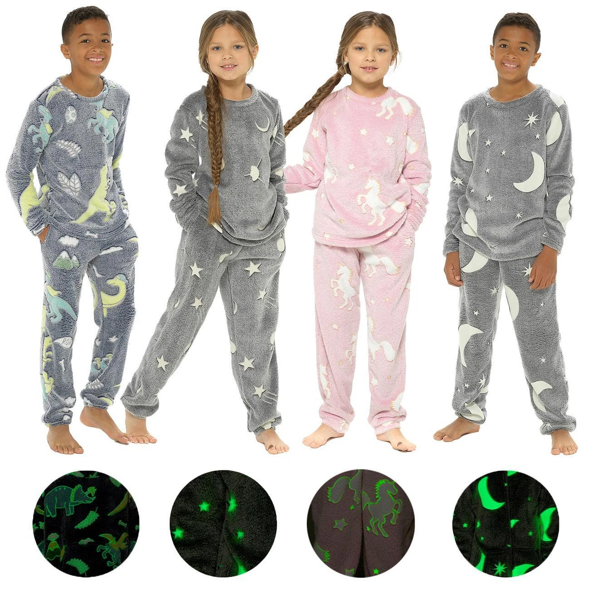 Glow In The Dark Pajamas Kids Boys Girls Fleece Winter Long Pajama