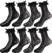 4 Pairs Women Lace Ankle Socks Ruffle Frilly Mesh Dress Socks Black
