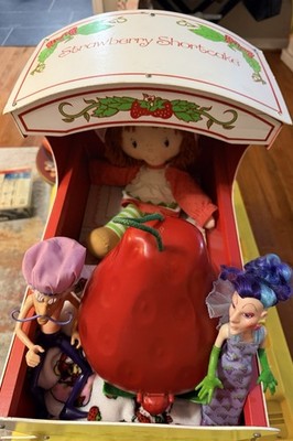 Vintage Strawberry Shortcake Cradle With 1980 Doll, Strawberry Carry Case And PP
