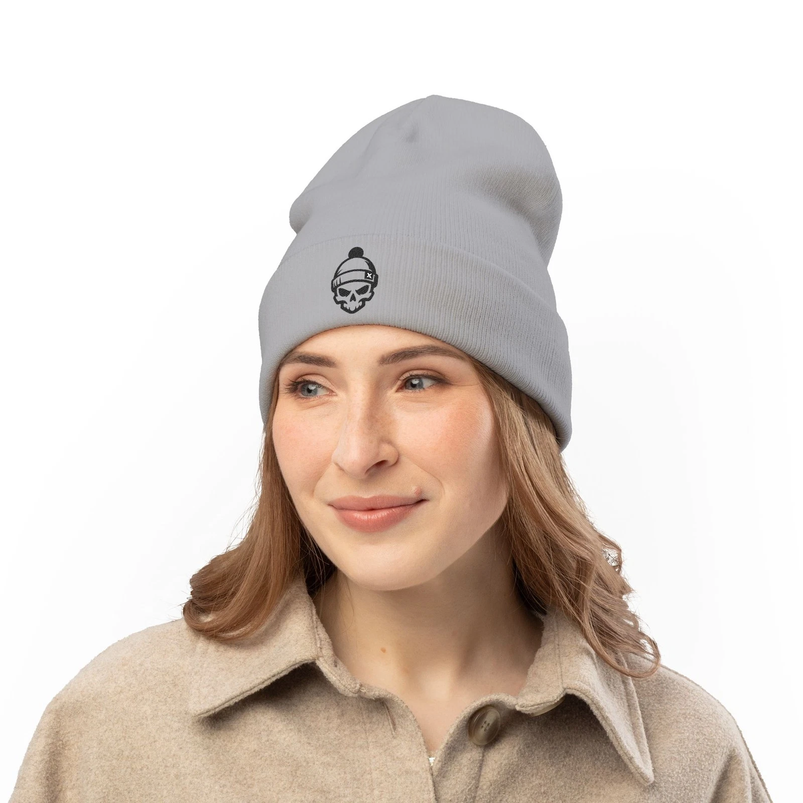 Skull Wearing Pom Beanie Knit Beanie | Embroidered Skull