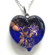Murano Glass Handcrafted Navy Color Heart Pendant  925 Sterling Silver Necklace