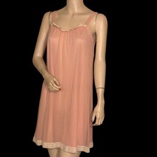 Vintage KAYSER Pink Sheer Chiffon Over Nylon Nightgown Lace Trim Sz S