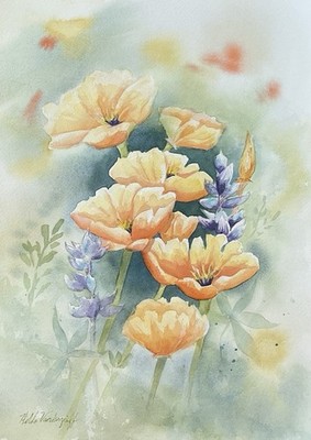 California Poppies And Lupine Original Watercolor Painting