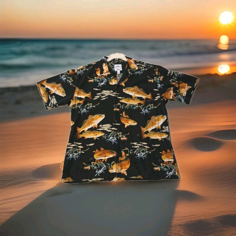 Guy Harvey Aftco Hawaiian Camp Shirt XL Fisherman RedFish Crab Shrimp on Black