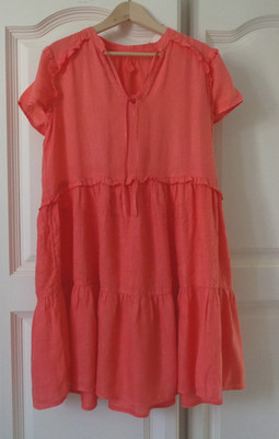 120% LINO Coral Pink Pure Linen Embroidered Frill Details Tiered Dress IT46 UK14