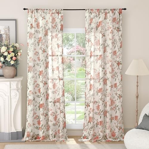 Floral Sheer Curtains for Living Room Window, Vintage Farmhouse Light