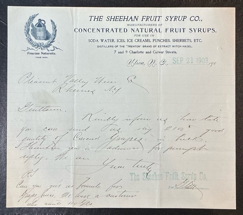 UTICA, NY ~ THE SHEEHAN FRUIT SYRUP Co., Fruit Syrups ~ Illus. Letterhead 1903