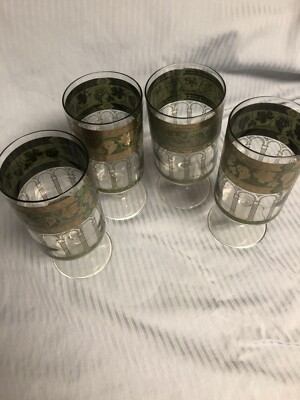Vintage Set (4) Cora Gold Green Grapes Leaves Columns Stemmed Glasses MCM