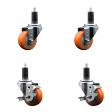 3 Inch SS Orange Poly Wheel Swivel 1-1/4 Inch Expanding Stem Caster Set 2 Brakes