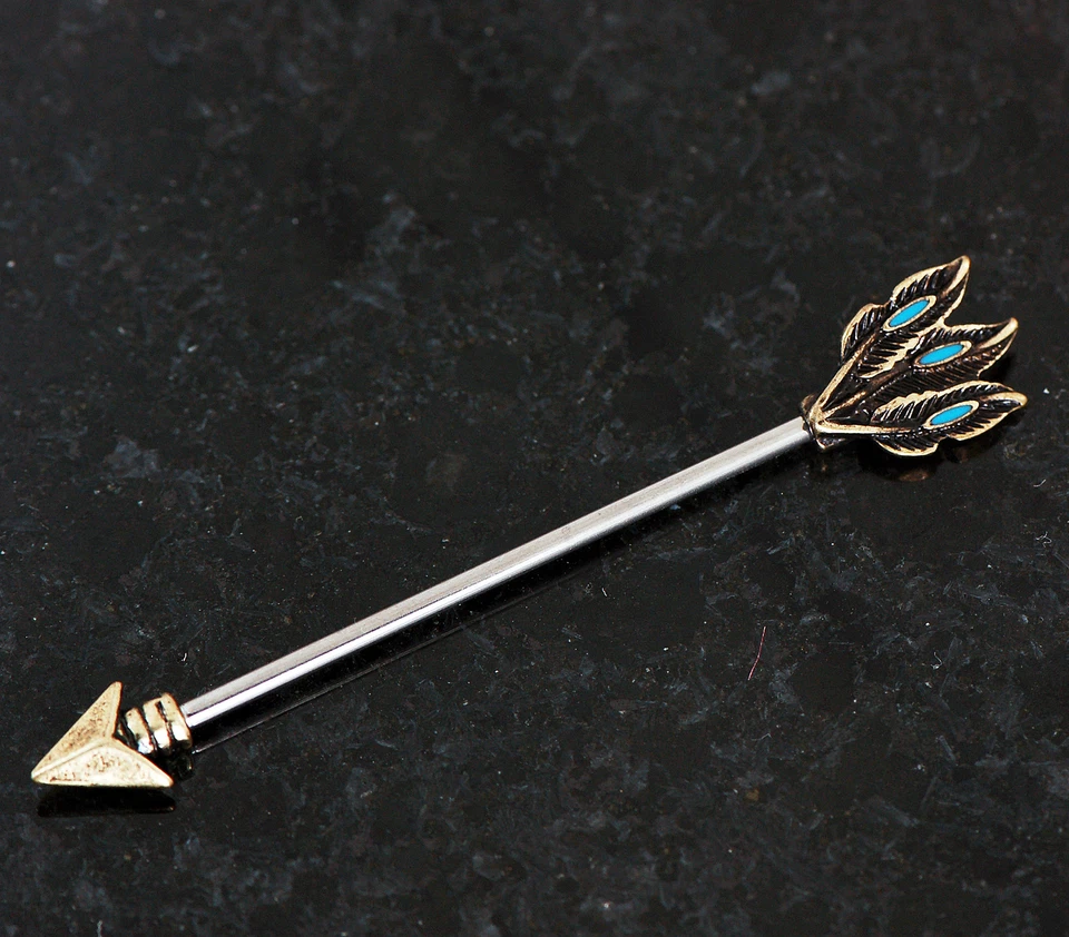 Triple Feather Arrow Turquoise 316L Surgical Steel Industrial Barbell 14g 1.5" - Image 3 of 3