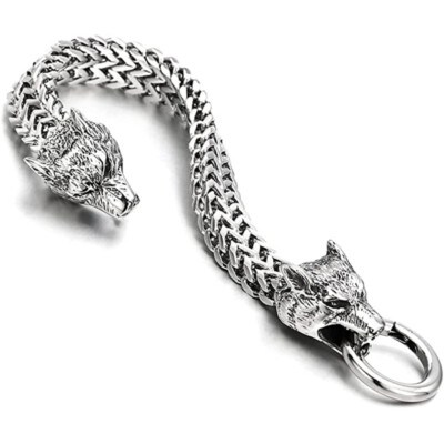 Men Stainless Steel Wolf Head Bangle Chain Bracelet with Clasp Wristband Cuff