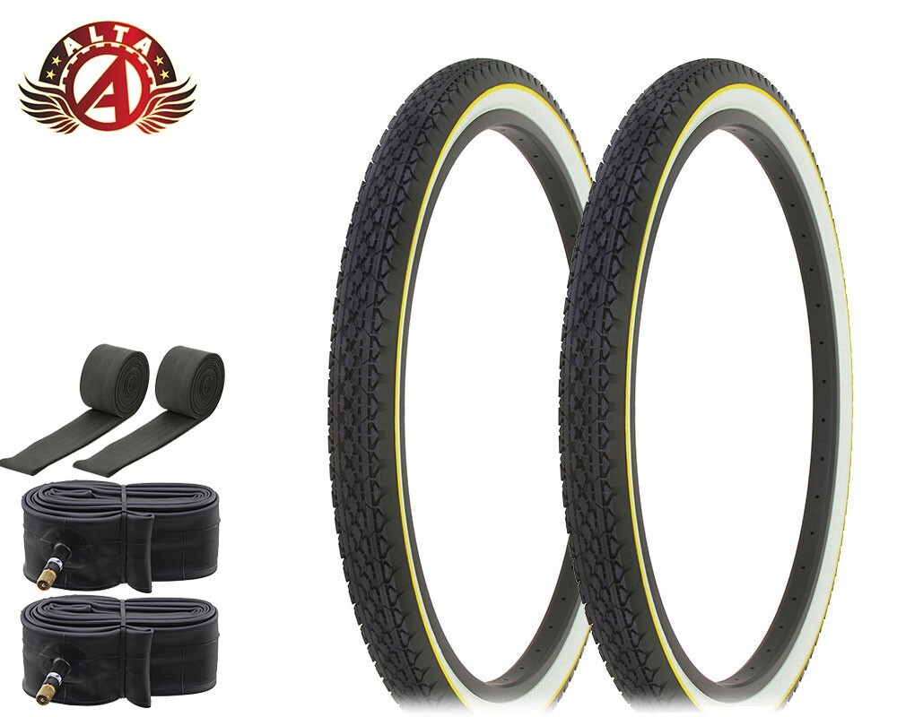 Tires 26 X 2.125 Whitewall Yellow Line Diamond W/tubes & Rim Strips