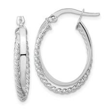 24.2mm 14K White Gold Polished and Textured Oval Hinged Hoop Earrings