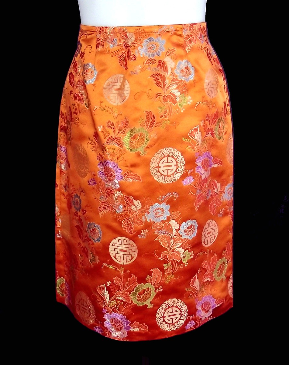 NWT Johanne Orange-Multicolor Satin Jacquard Asian Print Skirt M