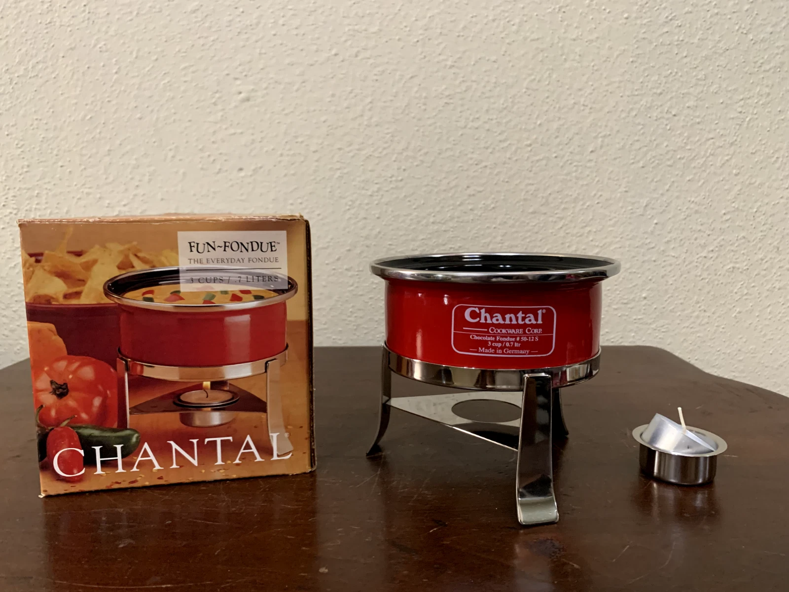 Chantal Enamel on Steel Red 3 Cup Fondue Stainless Steel Base Germany NIB