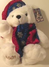 2001 Kmart Collectible Christmas White Teddy Bear Blue Scarf