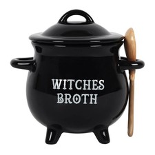 Witches Broth Ceramic Cauldron Soup Bowl, Lid & Spoon Gothic Kitchen Dark Humour