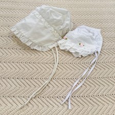 Baby Bonnets Lot of 2 White Hats Lace Bow Ribbon Prairie Cottage Coquette VTG