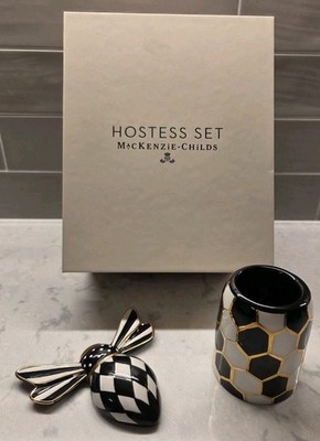 MacKenzie-Childs Queen Bee Hostess Set w/ Box Used Black White Gold