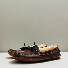 LL BEAN Double-Sole Brown Leather Slippers Moccasins Shearling Lined Men's 9 D