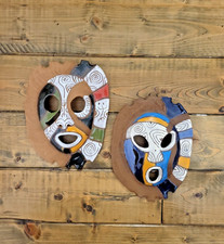 VTG Pair of Hand Painted Caribbean Clay Pottery Masks Face Wall - Signed