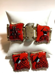 Vintage Chinese Export Enamel Panel Bracelet 7.75”And Earrings Brass Red & Gold