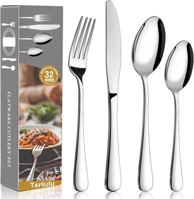 Besteckset, 32-teiliges Edelstahl-Besteckset inkl. Messer Gabeln Löffel