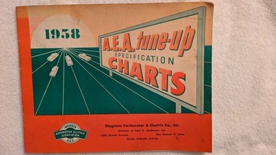 1958 A.E.A.TUNE-UP SPECIFICATION CHARTS, Magneto Carburetor, Des Moines Iowa, PB