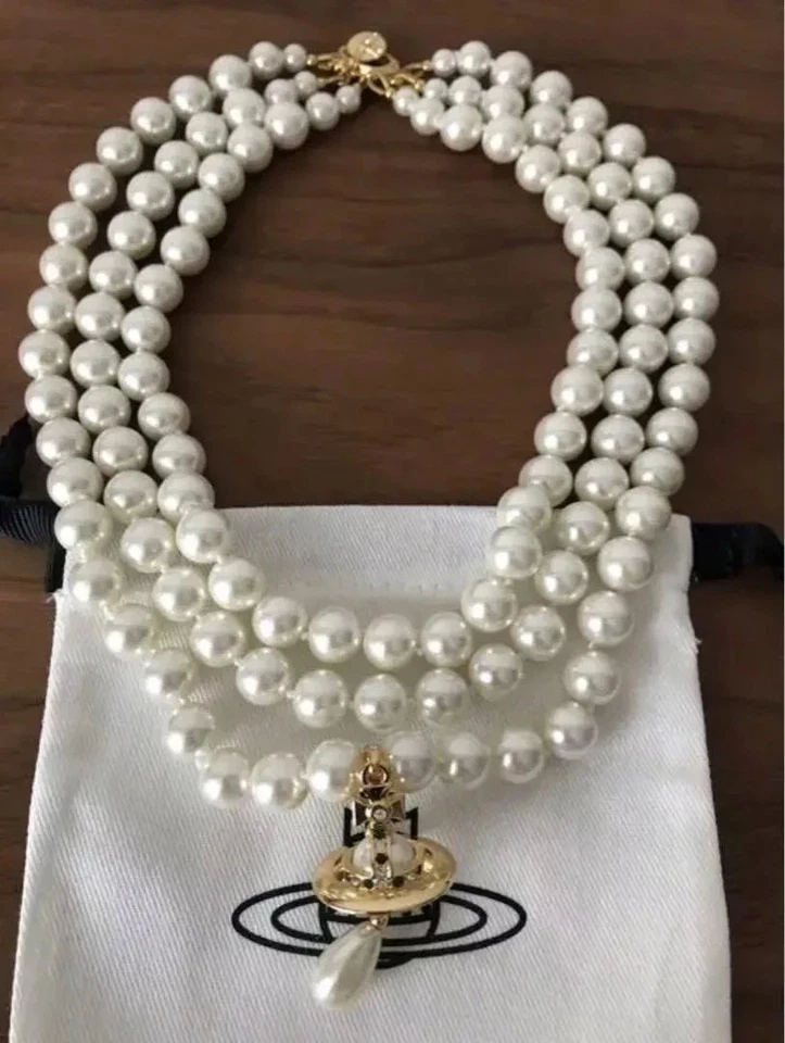 Vivienne Westwood dreireihiger dreilagiger Perlen Tropfen Gold Halskette Halsreif N16957