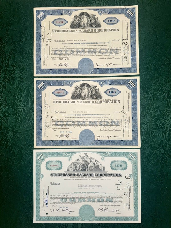 Studebaker-Packard Corporation Stock Certificates - Lot of 3 - 1954/55/60