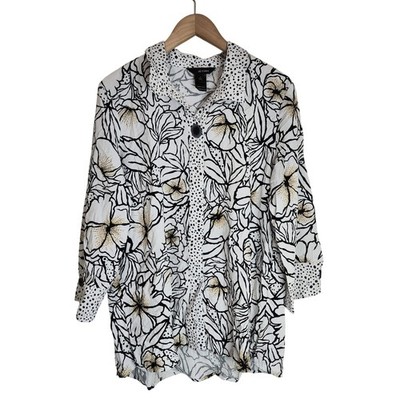 Ali Miles Button Up Top Women's Large Floral Art to Wear Tunic 3/4 Sleeve