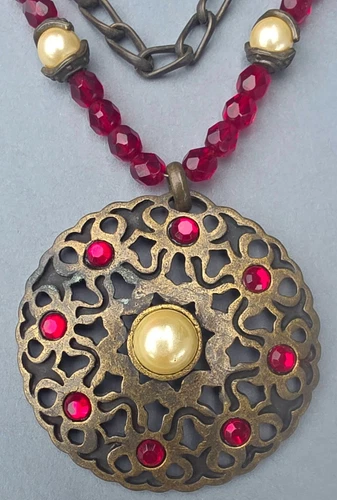 Chico’s Signed Layered Statement Necklace Red Crystal Faux Pearl Medallion Glam - product listing photo