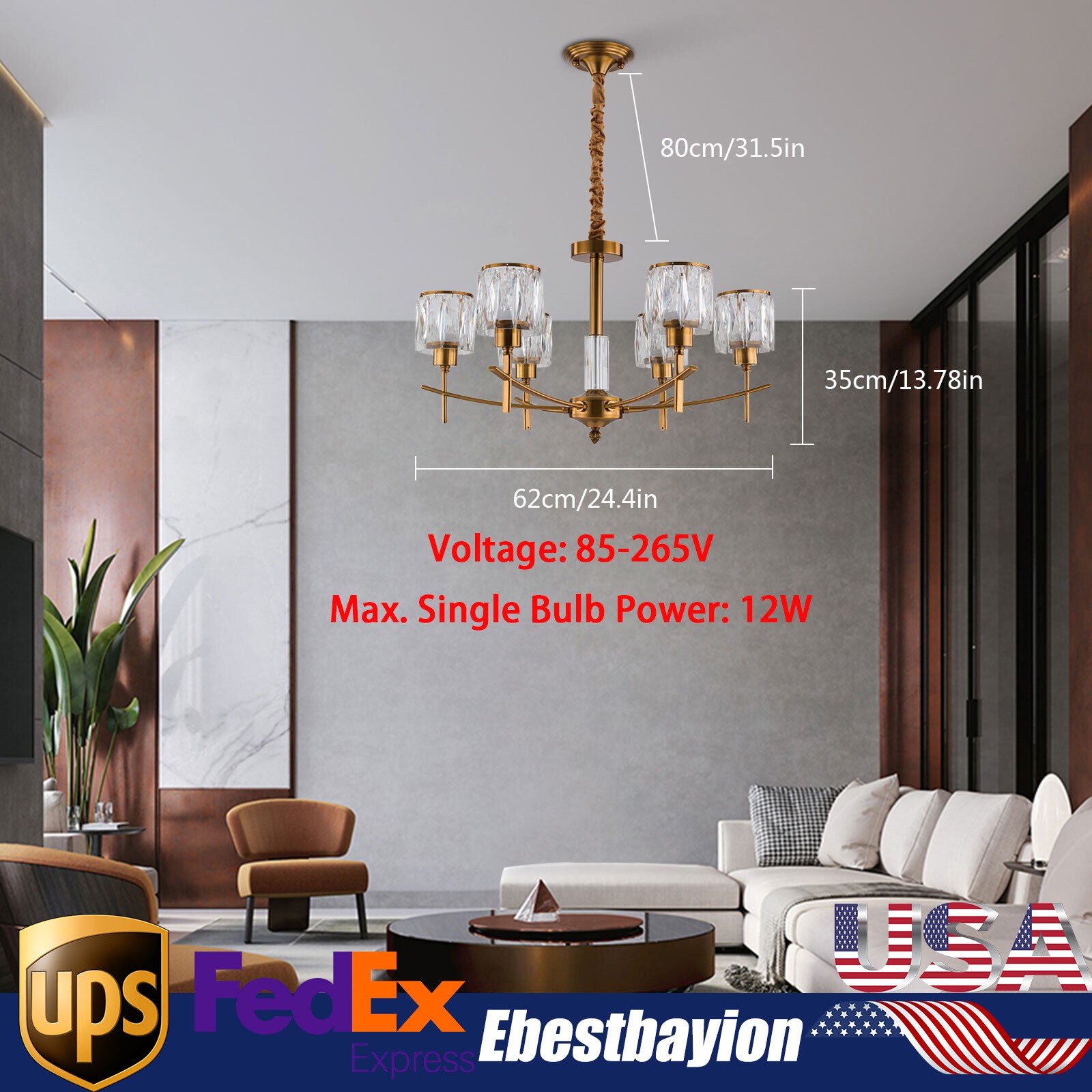 Modern 6-Light Crystal Chandelier LED Pendant Lamp for Dining Bedroom 265V